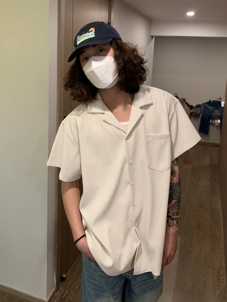 

Cuban Collar ort Sve Pure Color Men's irt Vintage y Versatile irt Couple's Ins Breathable Moisture ng Summer