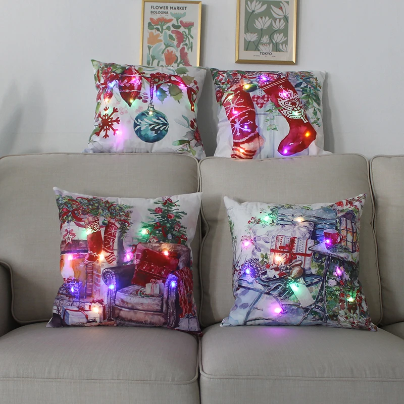 LED Light Christmas Pillow Cushions Cover Santa Elk Snowflake Xmas Lantern  Glow Pillowcase Winter Holiday Decoration