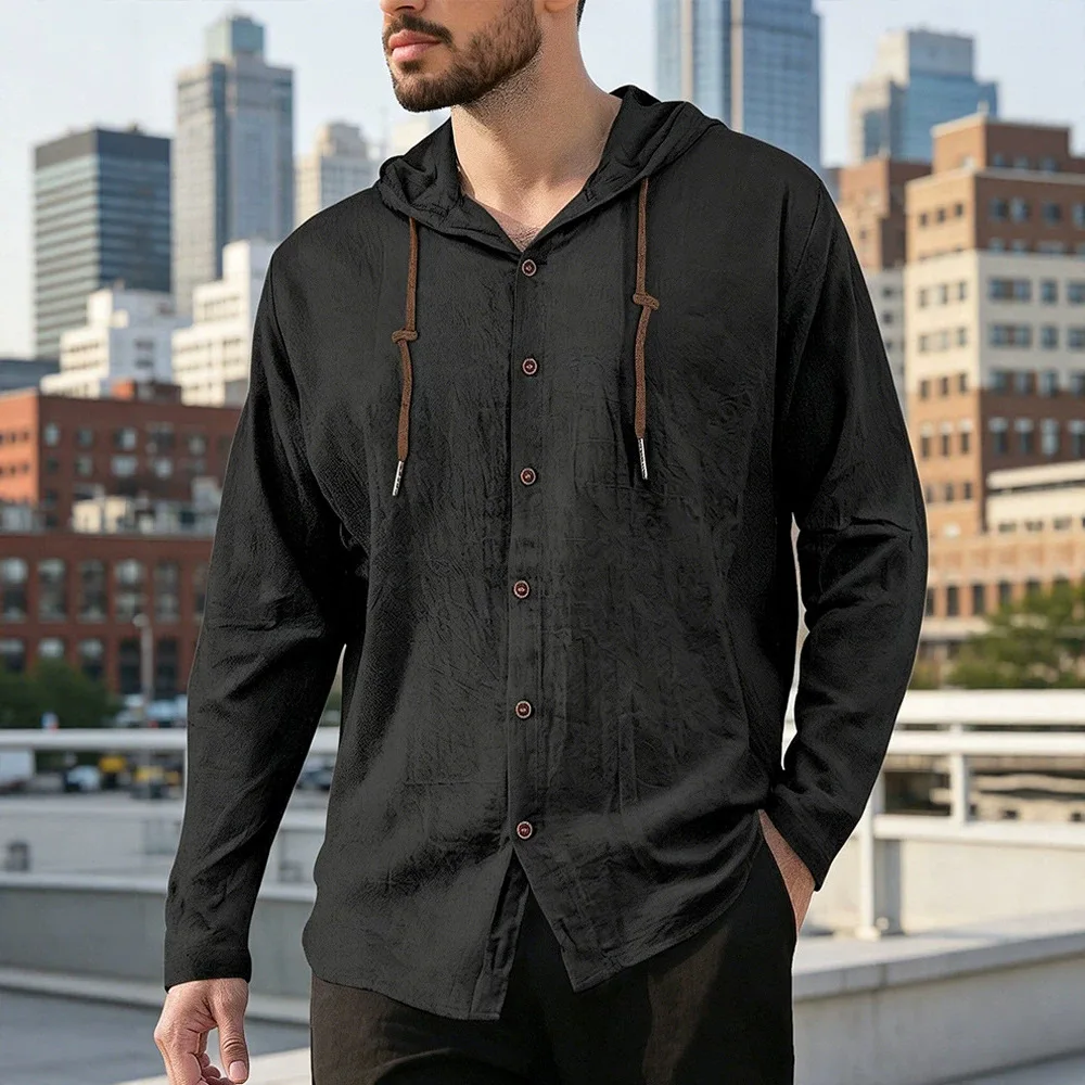 

2026 Summer Men's Pure Cotton Hooded Long-sleeved Breathable Casual Sports Loose Shirt