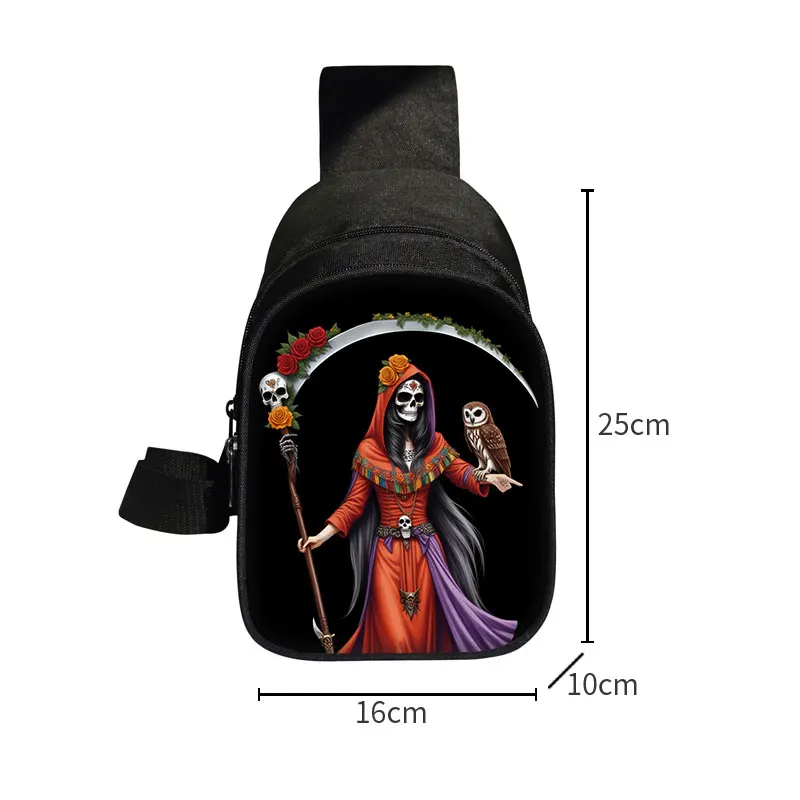 Crânio Padrão Peito Bag, Bolsa De Ombro Esqueleto, Death Angel Crossbody Bag, Flor, Santo Morte