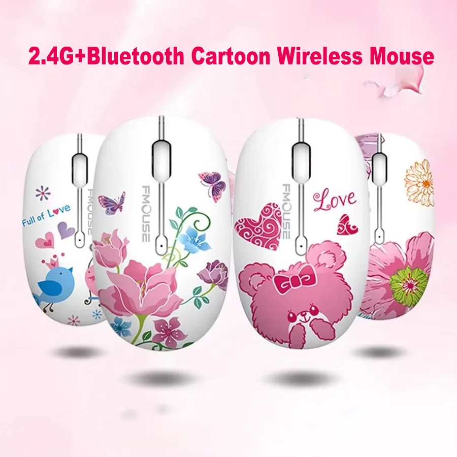 

Dual Mode Wireless Mouse 2.4G Bluetooth Connectivity Mute Long Battery Life USB Optical Cartoon Office Girls Mice For Laptop PC