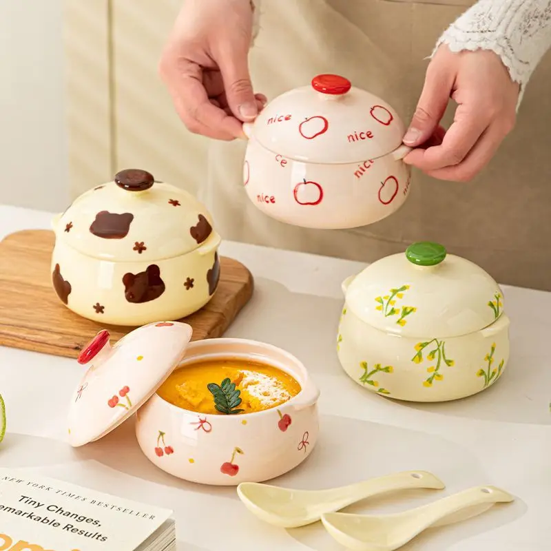 Cartoon Binaural Ceramic Stew Pot Steaming Egg Bowl Water-resistant Stew with Lid Small Soup Pot Household Food Utensils