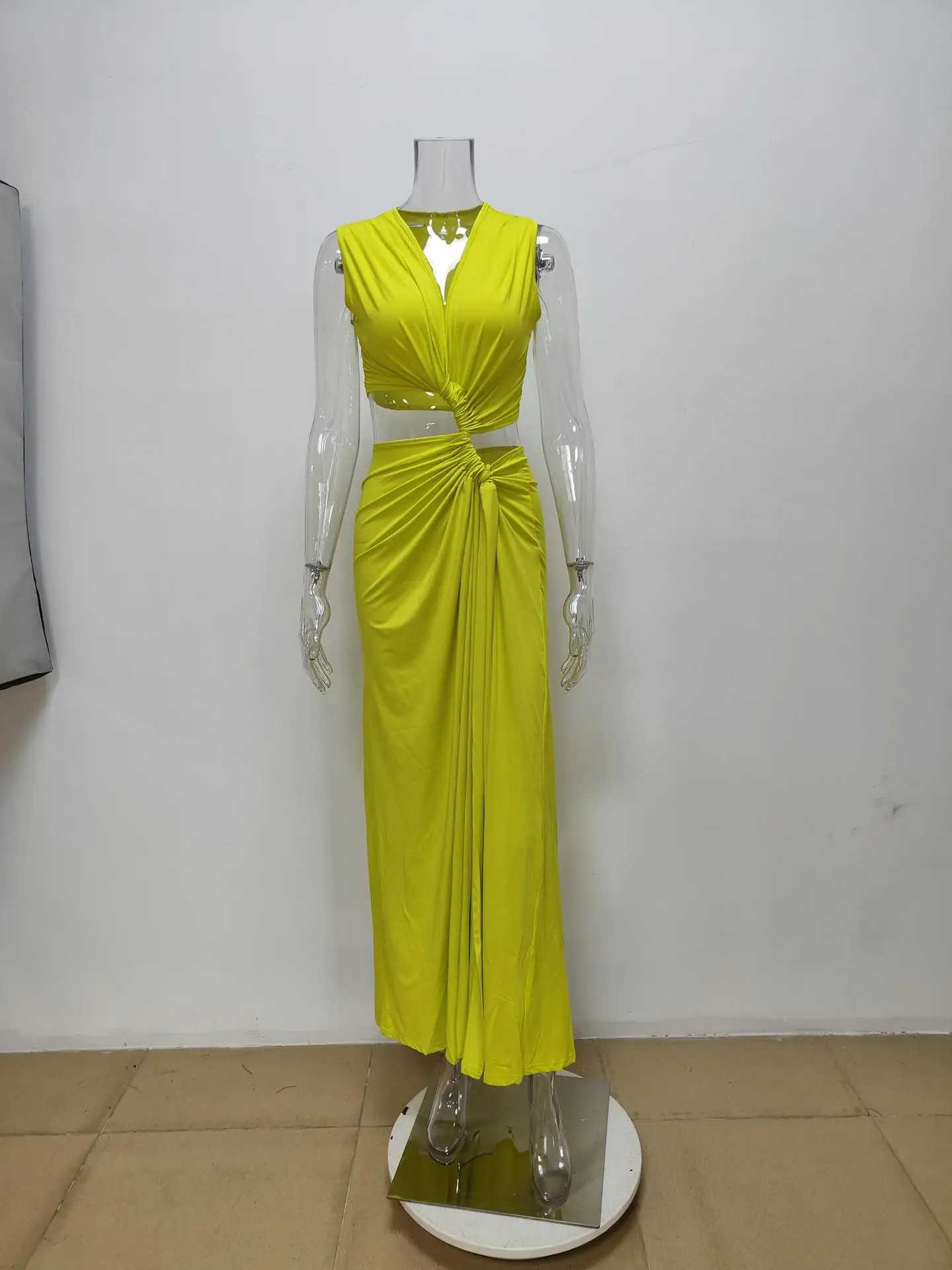 Neue Sommer Elegante Frauen Sexy Tiefem V Cut Out Schlitz Maxi Kleid Mode Lässig Ärmellose Taille Aushöhlen Outfits Dame Langes Kleid – Detail 2