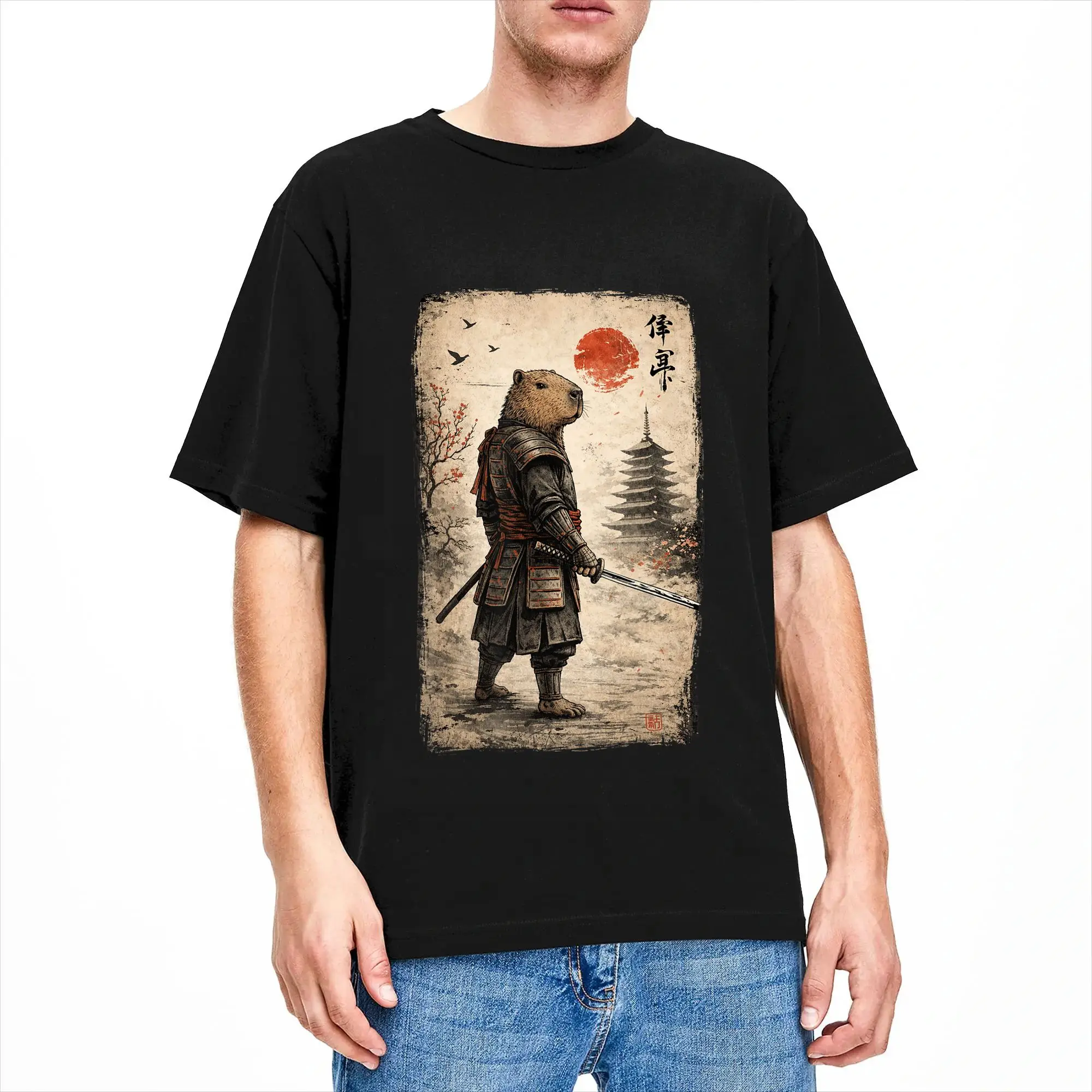 Samurai Capybara Cotton T Shirt For Mens Summer  Vintage T Shirts Leisure Tee Shirt Big Size Cheap Clothes
