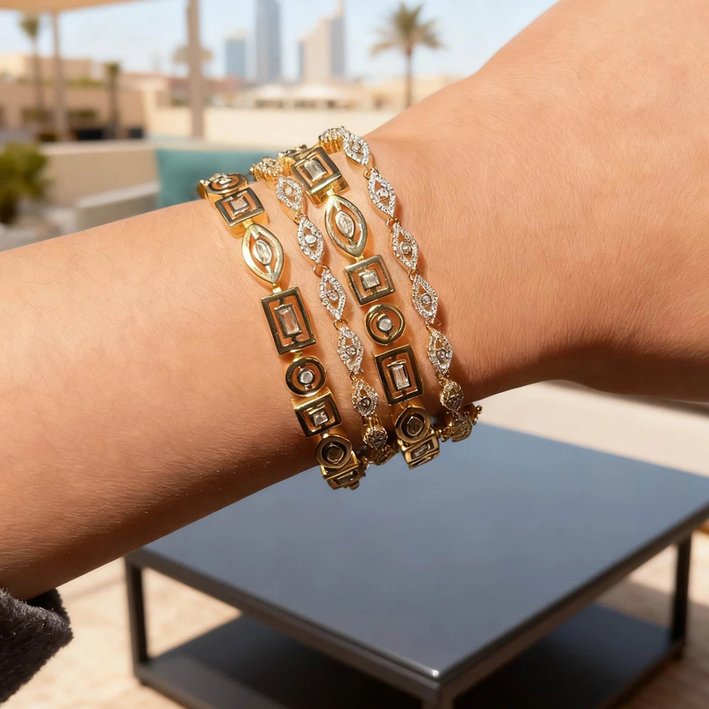 

Новинка 2023 года, высококачественный браслет-цепочка с геометрическим глазом и микро-паве из бисера CZ для женщин, модные украшения золотого цвета