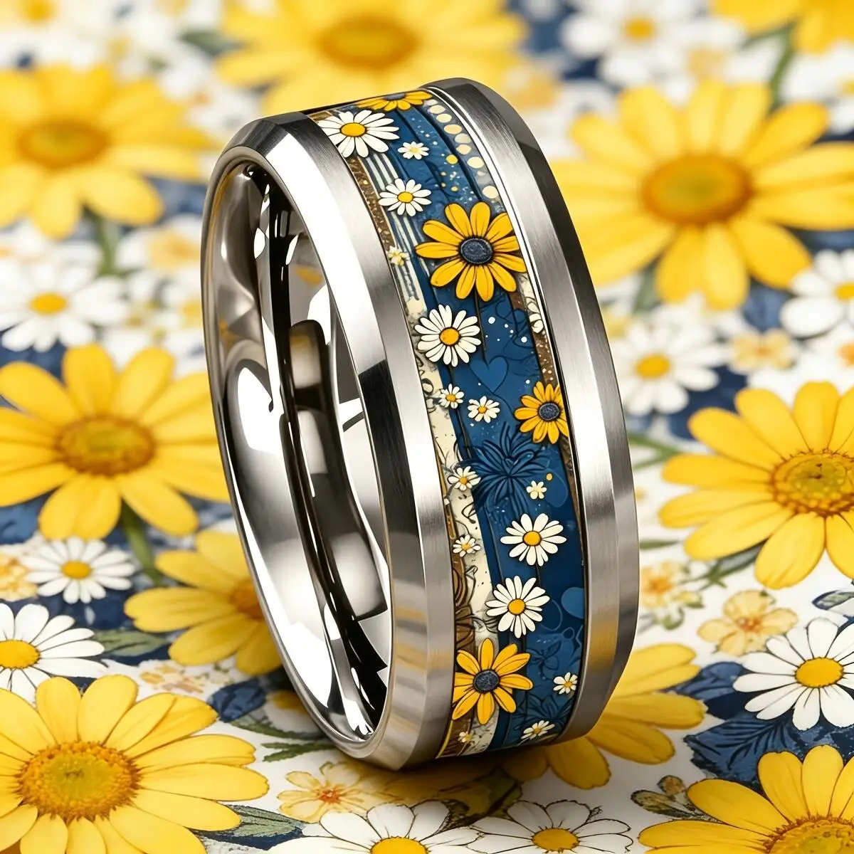 Gifts Wholesale Daily Wear Jewelry Boho Daisy Flower Vintage Yellow & White Ring Elegant Stainless Steel Rings For Women Men