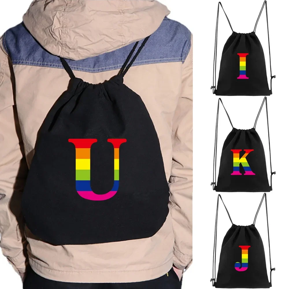 Canvas Drawstring Backpack Fashion Gym Drawstring Bag Rainbow Series Pattern Casual String Shoulders Psack Outdoor Beach Bag