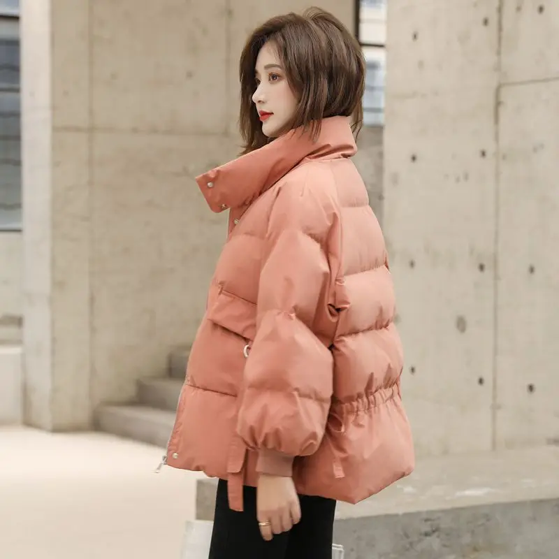 Women 2023 New Down Cotton-padded Jacket Short Korean Loose Ins Thick Bread Coat with Button Thread Fashion Pure Color