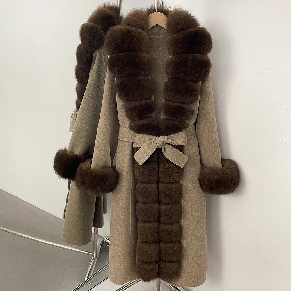 

100% Woolen Coat Warm Clothes Fox Fur Female Wool Coat Spring Long Sleeves Long Wool Real Fur Jacket New Autumn Winter Women