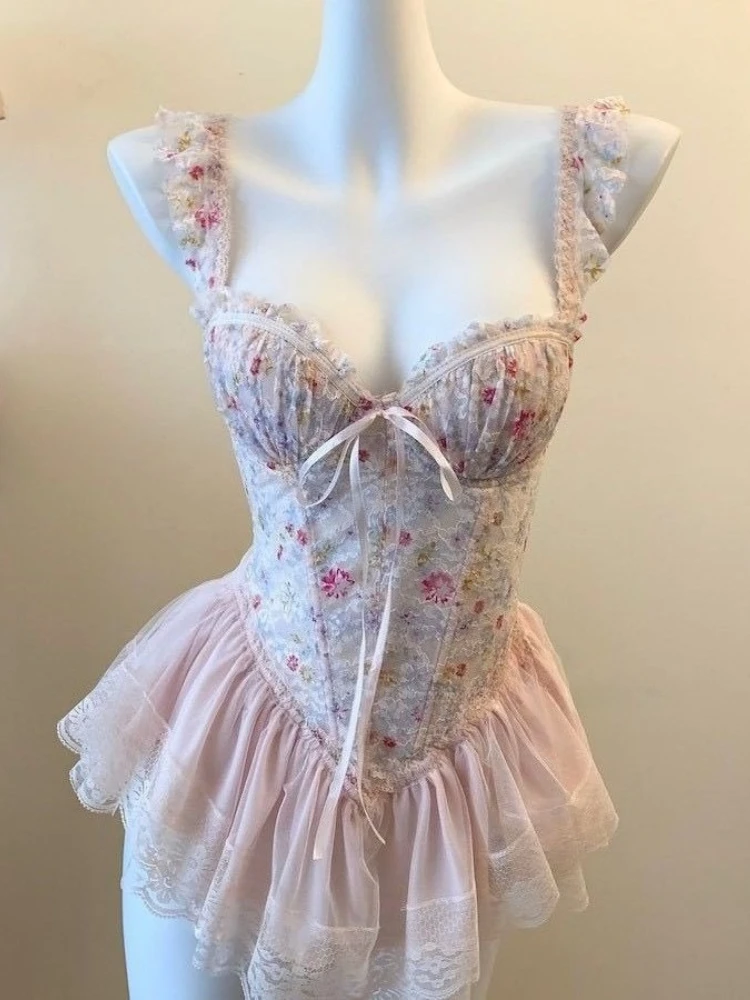 

Lolita Kawaii Print Floral Sexy Camis Japanese Style Slim Women Clothing 2000s Sweet Elegant Vintage Sleeveless Tops 2025 Chic