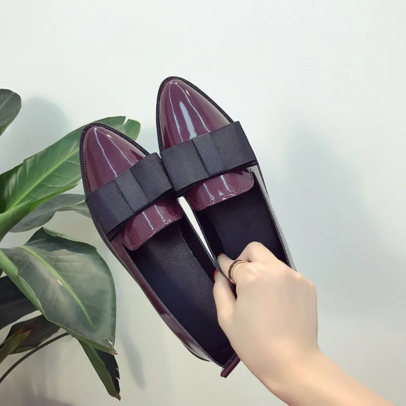 Patent Leather Bow Single Shoes Autumn New Pointed Toe Mid Buckle Soft Sole Non-Slip Low Heel Shoes