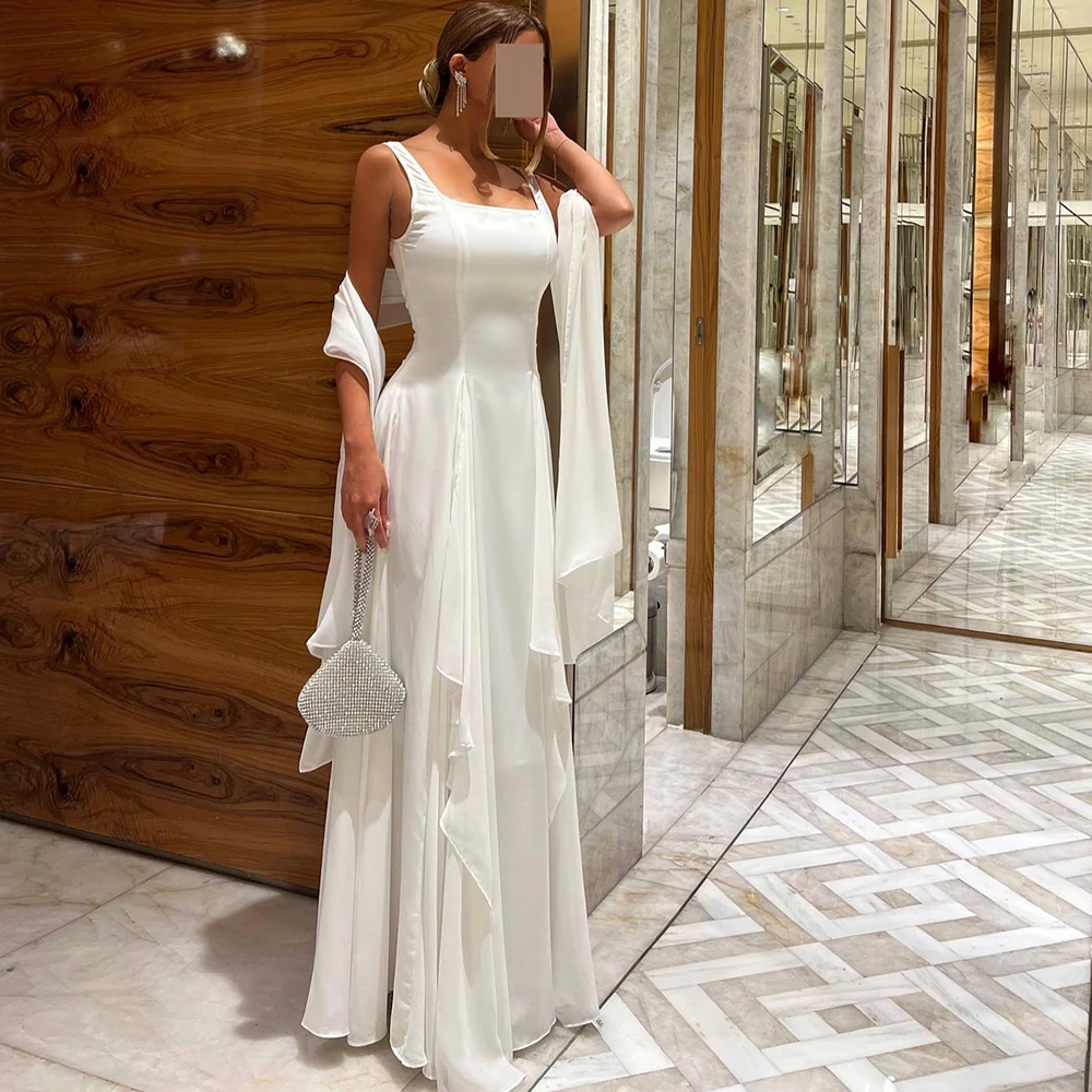 

Dubai Evening Caftan Shawl Ribbons Square Neck Spaghetti Strap Straight Chiffon Solid White Pleats Dresses For Formal Occasion