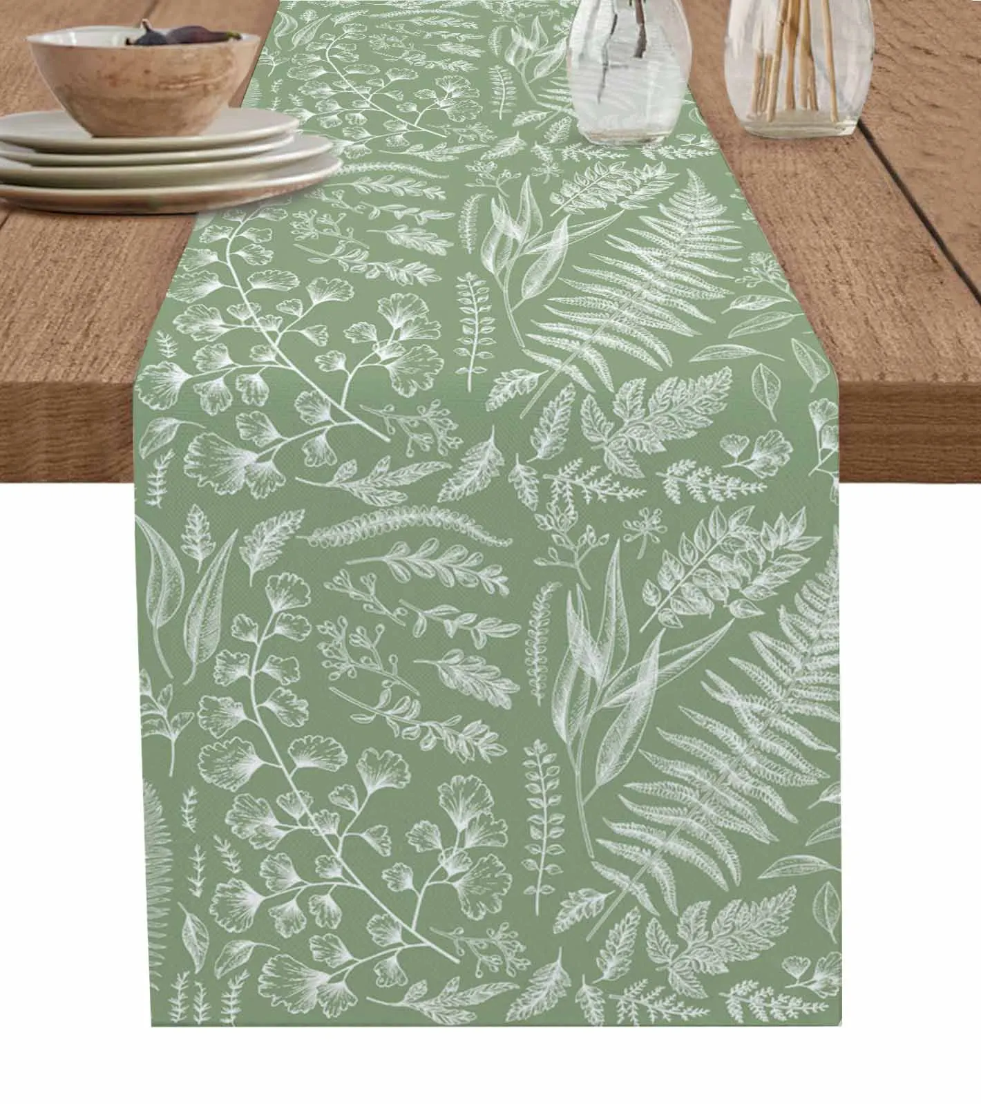 Sage Green Fern Leaves Table Runners Dresser Scarf Table Decor Holiday Wedding Party Dining Table Decor Tablecloth