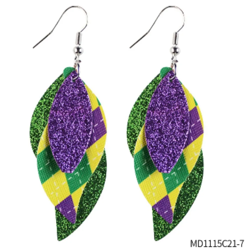 

Mardi Gras Triplex Leather Earrings Cross Print Single Side Printed Onion Powder Fine Powder Water Drop
