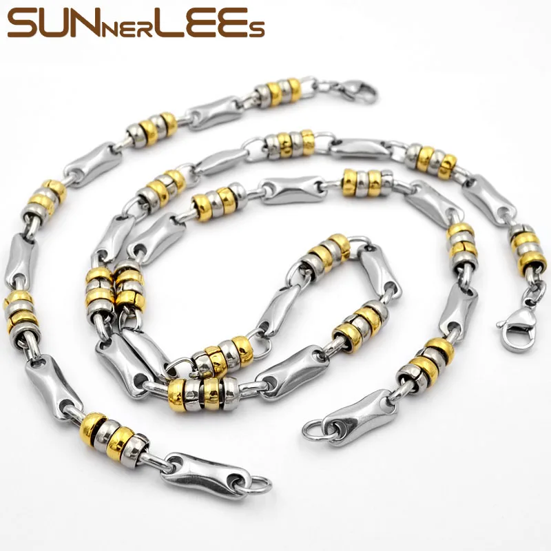 SUNNERLEES Jewelry Stainless Steel Necklace Bracelet Set 7mm Geometric Link Chain Silver Color Gold Plated Men Women SC113 S