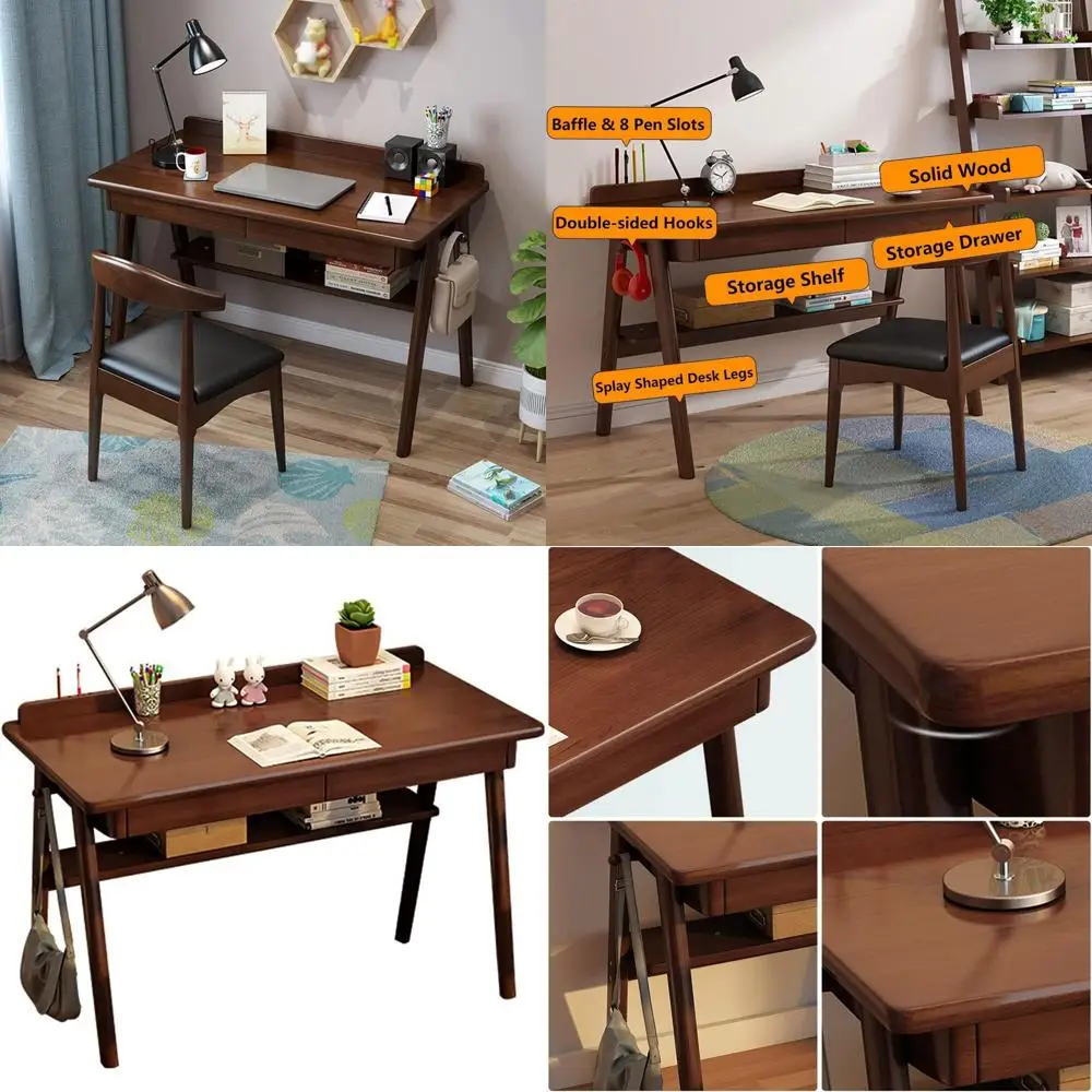 

47-inch Modern Walnut Writing Desk with Drawers and Storage Shelf for Home Office and Study