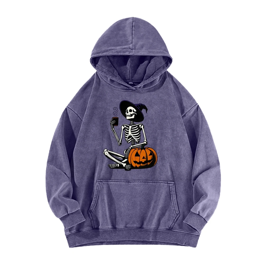 Coffee Witch Skeleton Pumpkin Oversize Washed Hoodie Unisex Halloween Autumn Winter Spooky Season Sweatshirt Costumes Pullovers