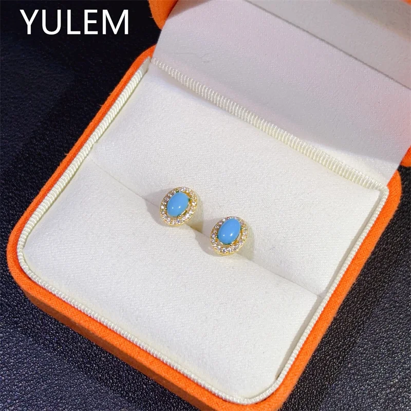 Ювелирные изделия YULEM: серьги из серебра 925 пробы с натуральным бирюзовым камнем 4x6 мм для повседневного ношения, подарок для друга.
