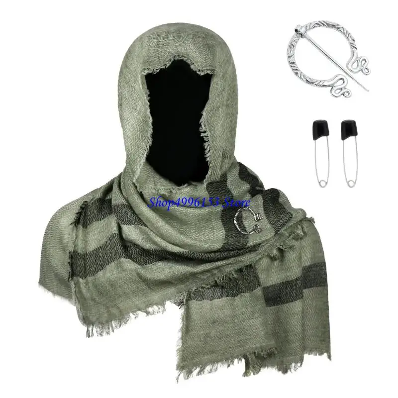 Q0ke pós apocalíptico xale cachecol shaman cowl traje medieval faixa com capuz xale com broche vikinges para halloween cosplay