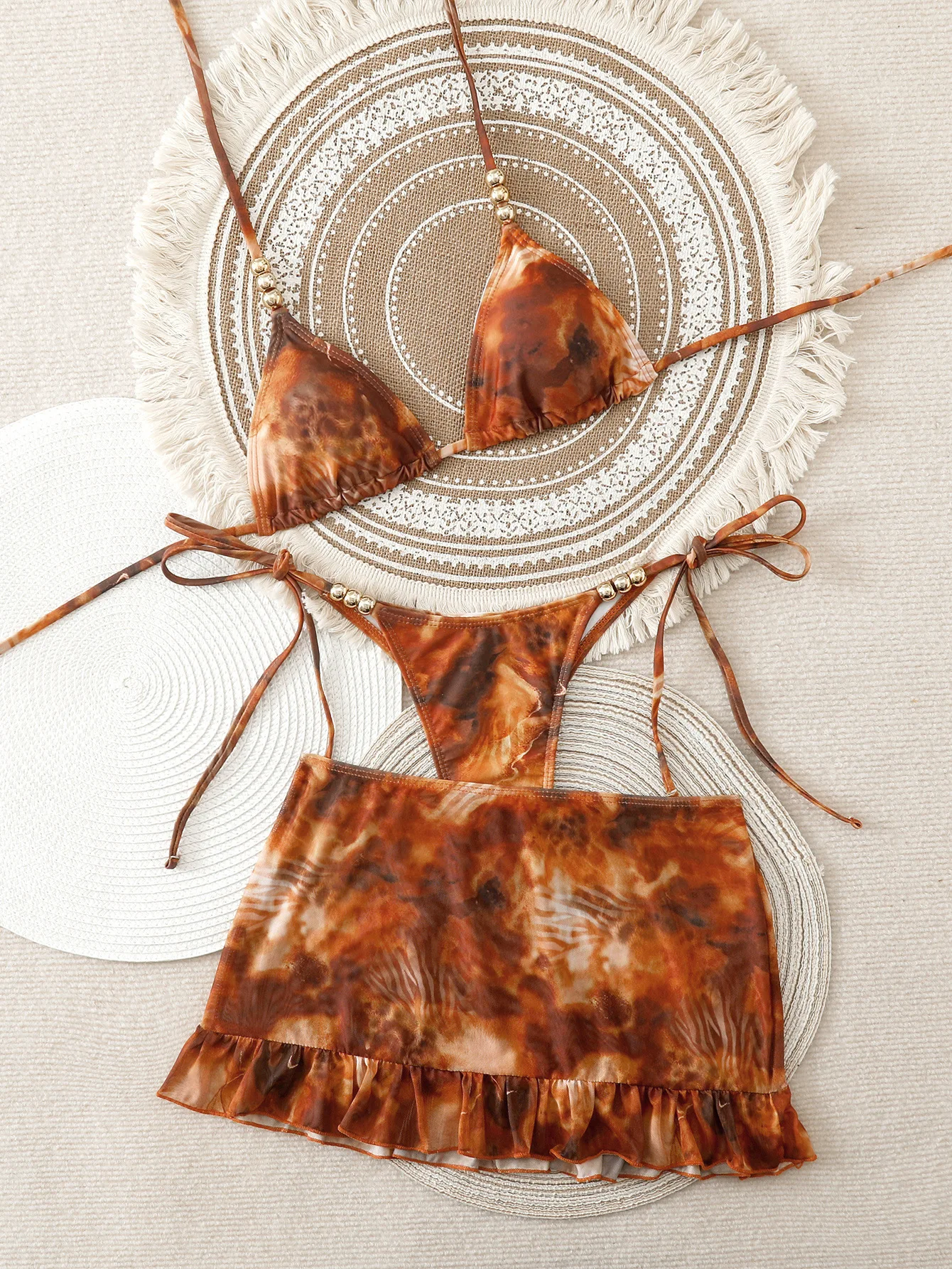 Sexy Orange Tie Dye Print 3pcs Bikini Set with Mesh Ruffles Skirt Sexy Backless Halter Bandage Women Push Up Thong Swimsuit