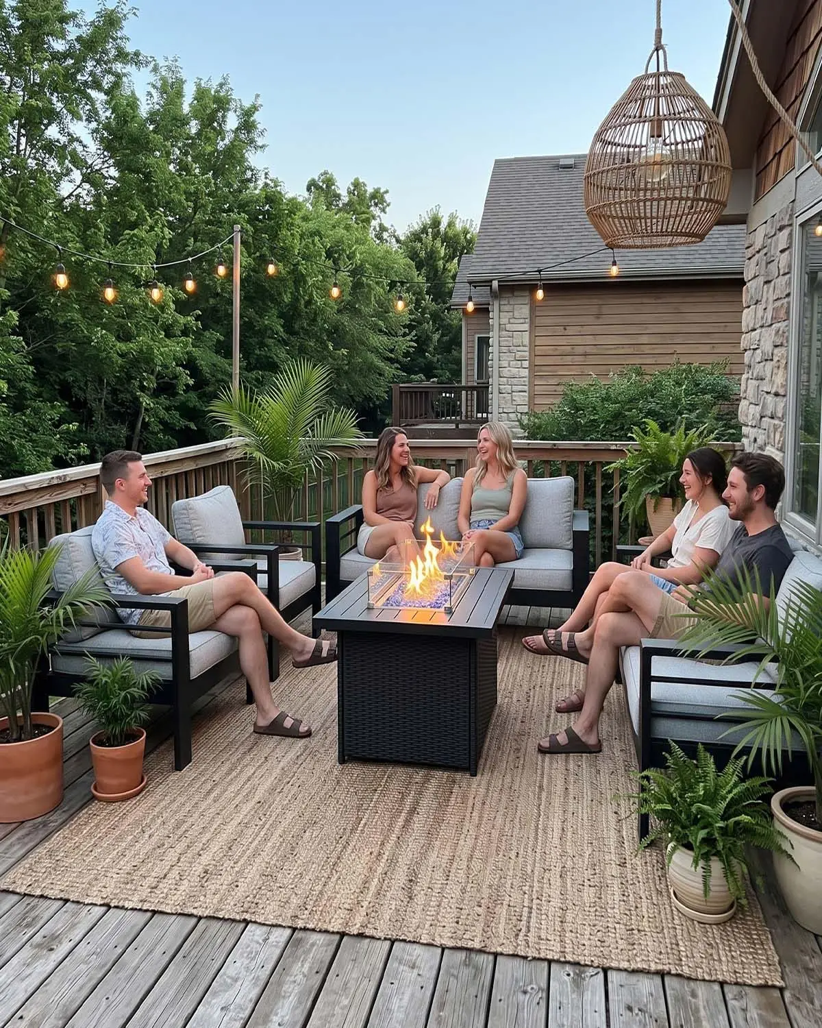 Outdoor Aluminum Furniture Set with Fire Pit Table, 5 Pieces Patio Sectional Conversation Chat Sofa Modern Seating, Customized
