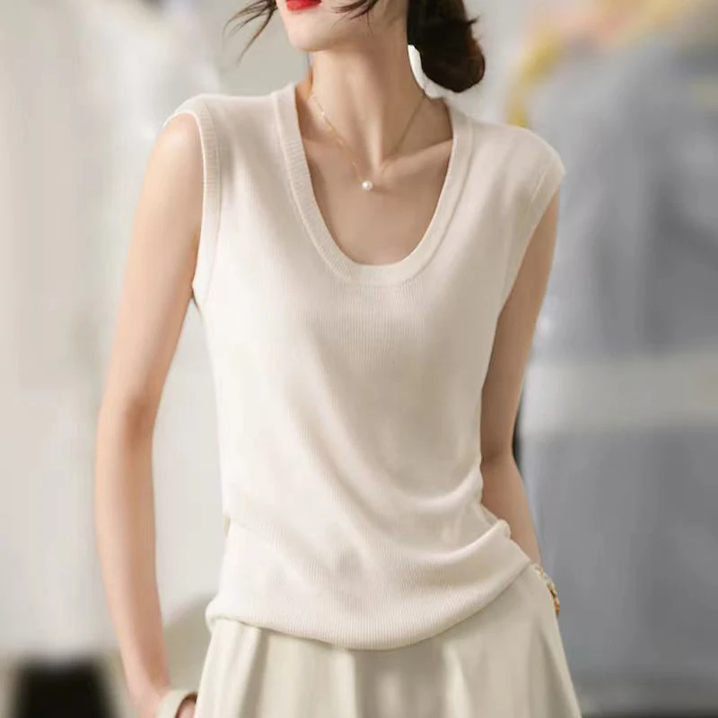 Sleeveless knitted Vest for Women, High-quality Wool, Summer New U-neck French Lazy Style Thin Casual Temperament Versatile Tank