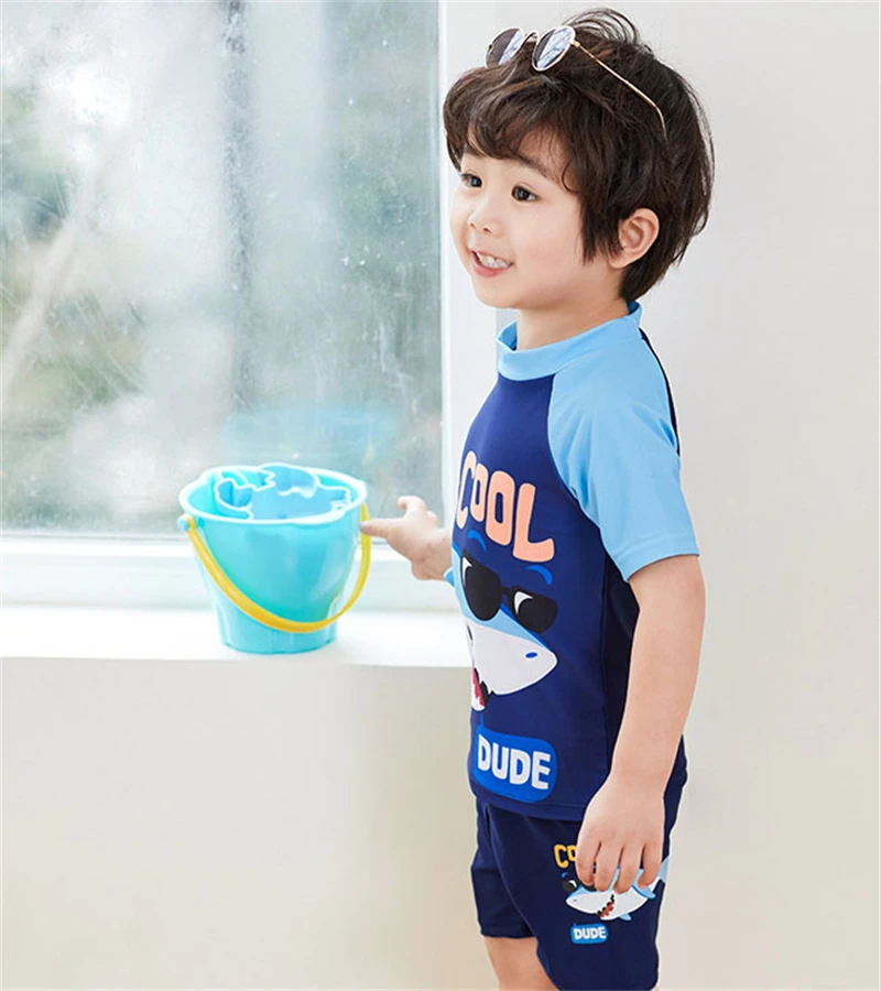 Boy Short Sleeve Shark Cartoon Swimsuit Children Sunscreen Swimwear 2-10 Year Kid Two Pieces Toddler Infant Bathing Suit