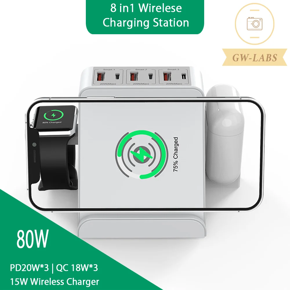 

GW LABS Multifunctional desktop 8 in1 Charging Station 3C3A PD20W QC18W Multiple 15W Wireless Charger