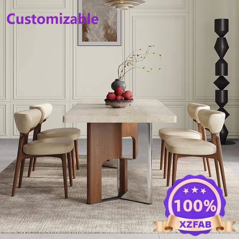 Factory Direct 2026 French retro travertine rock slab dining table and chairs solid wood home high-end villa medium and ancient