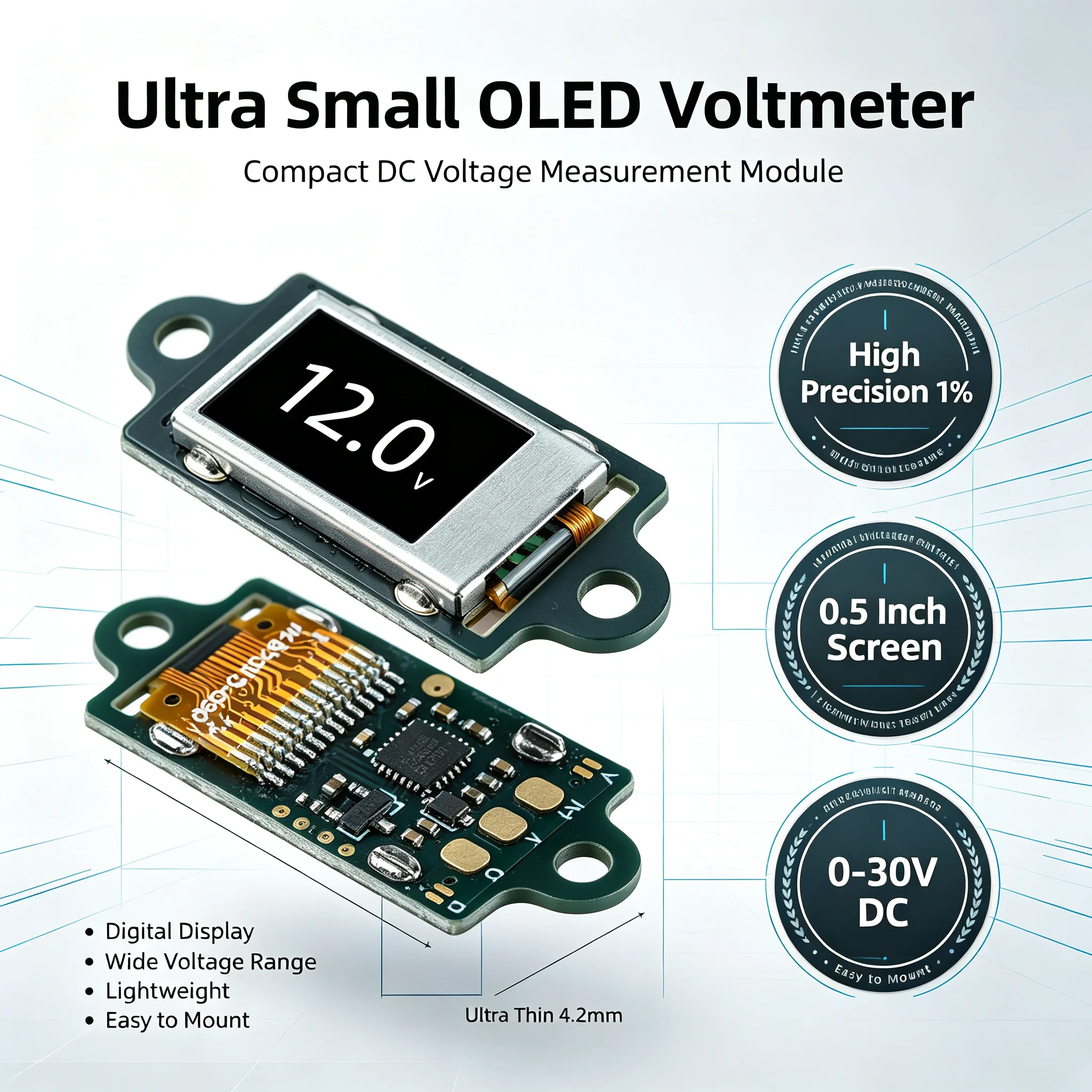 Ultra-Slim Digital Voltmeter DC 0-30V Mini Voltage Meter with 0.5-inch OLED Display High Precision for Industrial Power Supply