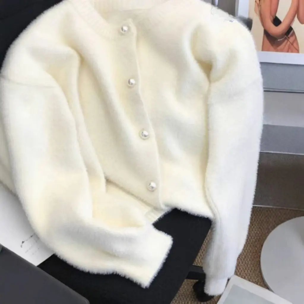

Women's Spring Autumn Soft Waxy Imitation Mink Cashmere Cardigan Knitted Top Coat Lazy Style Design Sense Niche