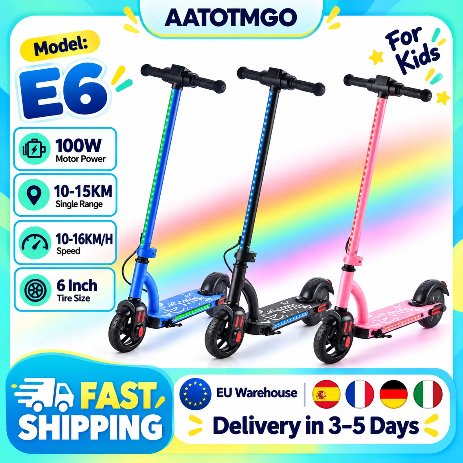 AATOTMGO E6 Scooter Eléctrico para Niños de 6 a 12 Años, Velocidad Máxima de 16 km/h, Alcance de 10-15 km, Plegable, Scooter Eléctrico de