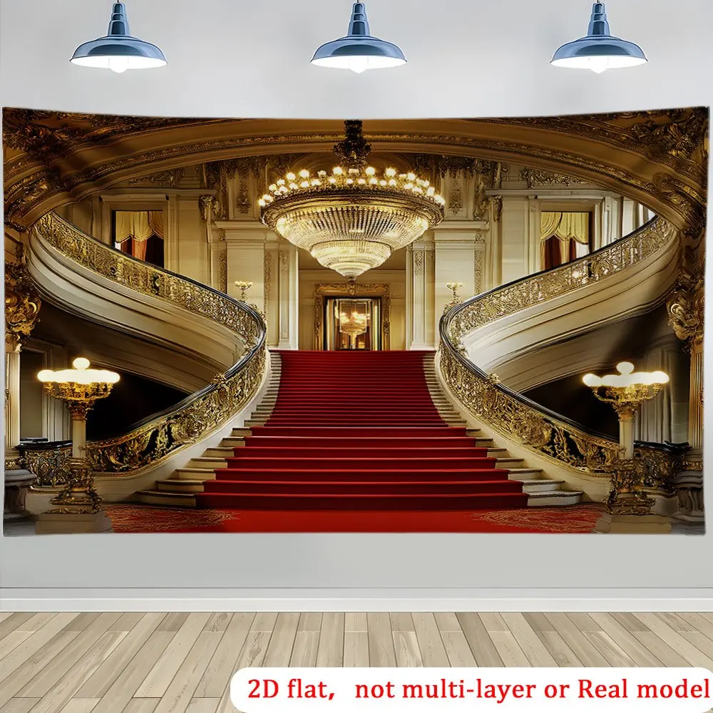 Luxury Palace Staircase Tapestry Wall Hanging Art Decor Elegant Red Carpet And Chandelier For Living Room Bedroom Quick Setup