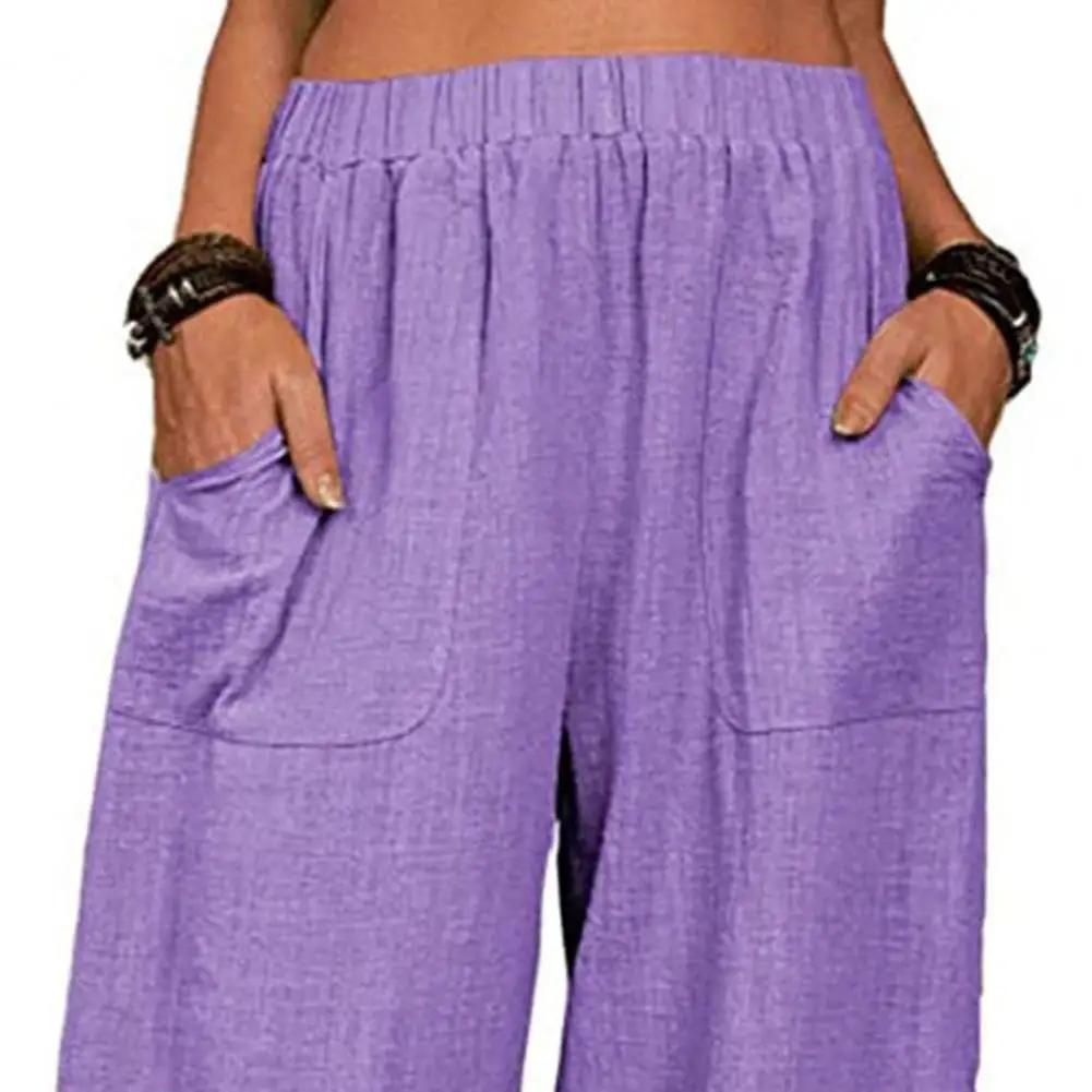 Women Pants Elastic High Waist Pure Color Long Trousers With Pockets Loose Fit Wide Leg Harem Pants Drawstring Lady Daily Wear