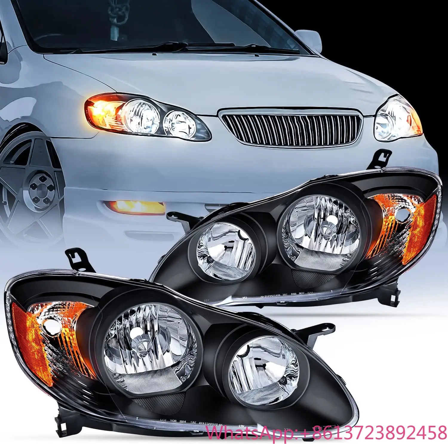 

Headlight Assembly for 2003 2004 2005 2006 2007 2008 Toyota Corolla Headlamps Replacement Black Housing Amber Reflector Driver a