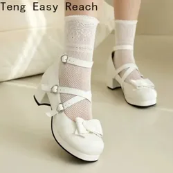 Women High Heels Cross Strap Mary Jane Pumps Party Wedding White Pink Black Ruffles Bow Princess Cosplay Lolita Shoes 34-48