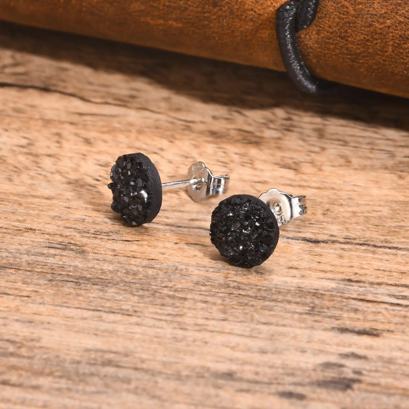S925 Needle Crystal Cluster Earrings for Men Boys, Simple Rock Punk Hiphop Black Round Stud Earrings 6/8/10mm,Male Jewelry Gifts