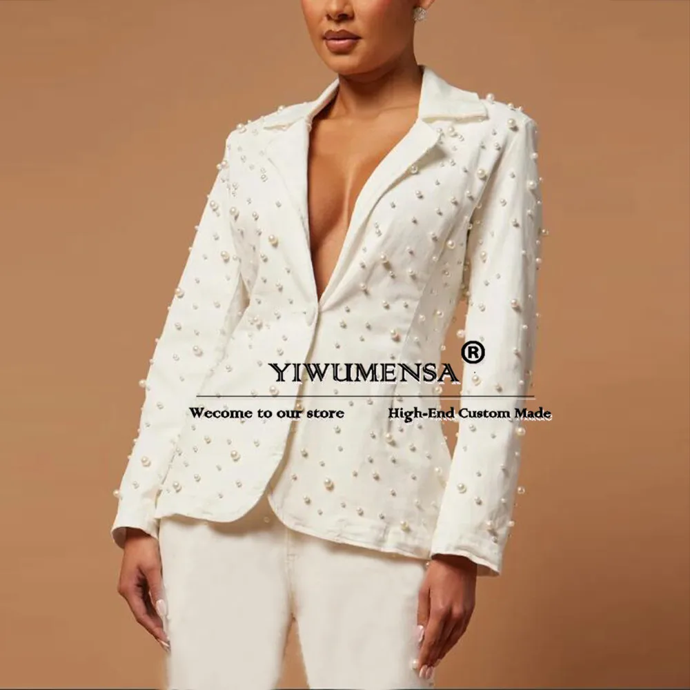 Handmade Pearls Women Pants Suit Formal Wedding Party Bride's Mother Tuxedo Tailor-made Single Breasted Jacket Trousers 2 Pieces