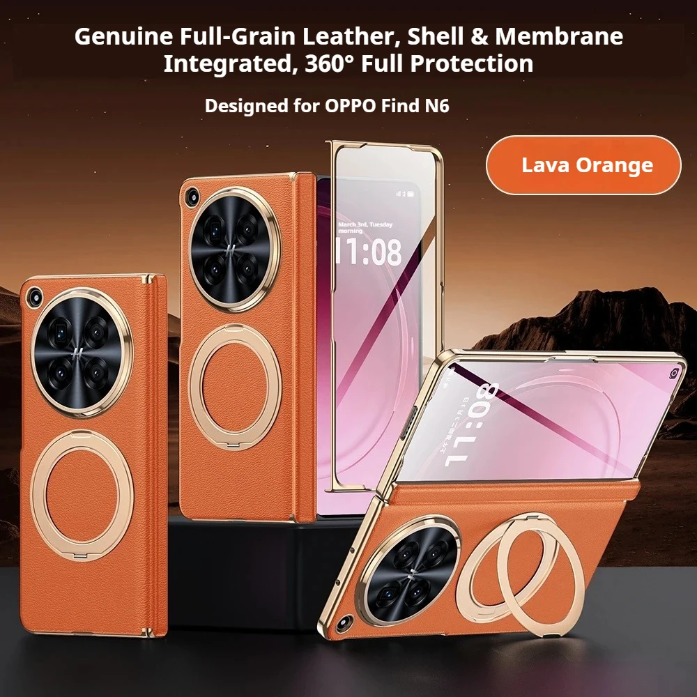 For OPPO Find N6 Findn6 Case Luxury Leather Rotating Ring Holder With Tempered Film Magnetic Wireless Charging Shockproof Cover
