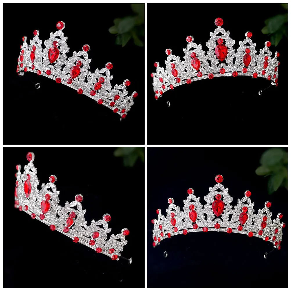 

Baroque Crown Headpiece Red Bridal Rhinestone Tiara Wedding Prom Birthday Party Sparkling Crystal Hair Accessories