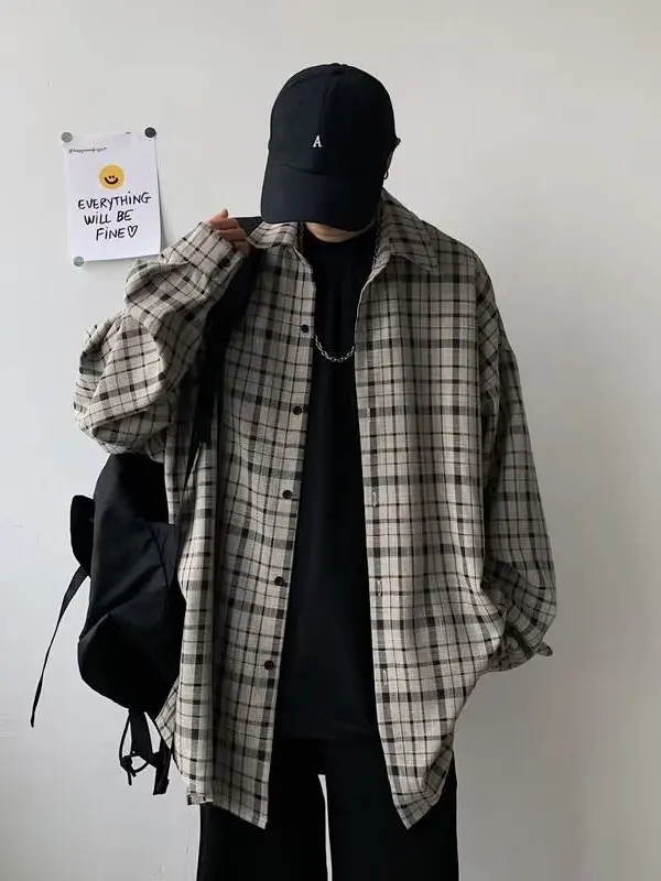 

Осенняя клетчатая мужская одежда Long Sve irt, свободная повседневная корейская одежда с клетчатым узором, внутренняя одежда для пар, универсальная верхняя одежда