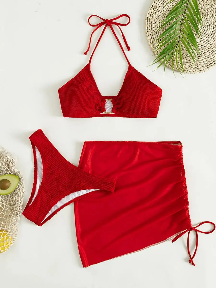 

Red Solid Color Halter Triangle Bikini Set With Skirt Cover Up For Beach Vacation