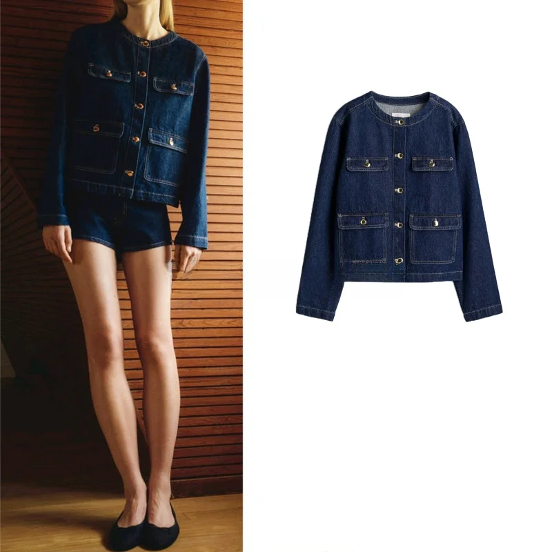 

Autumn New Women's Denim Jaet Cotton Flip-Cover kets Long Sve round Ne Casual Sle Polyester Fiber Ladies Coat