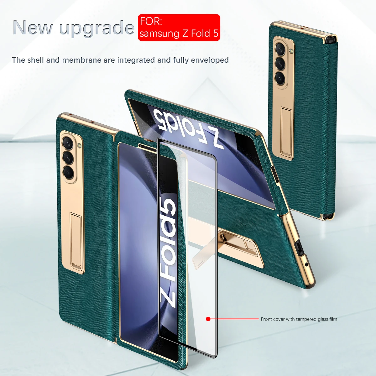 PU Leather Hard PC Electroplated Frame Hinge Protection Phone Cover for Samsung Galaxy Z Fold 5 Case with Screen Protector