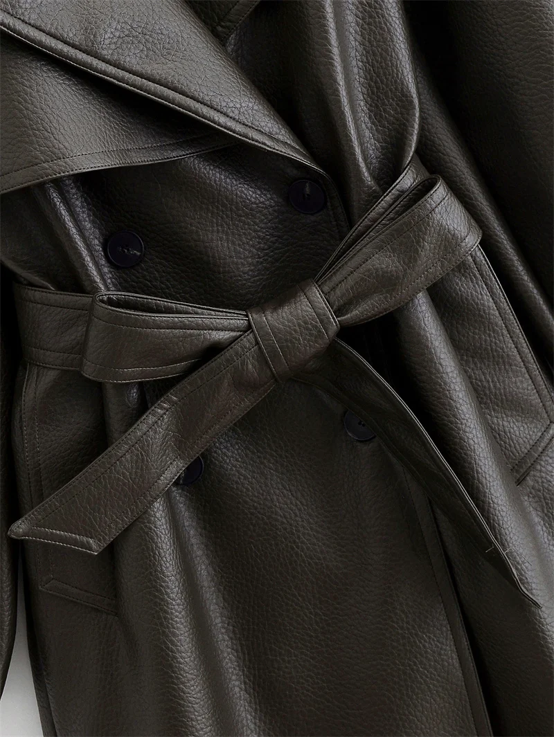 Damen-Trenchcoat 2025, Herbst/Winter, neuer Stil, dunkelbraun, langärmelig, Kunst-Litschi-Leder mit Gürtel, lange Trenchcoat-Jacke