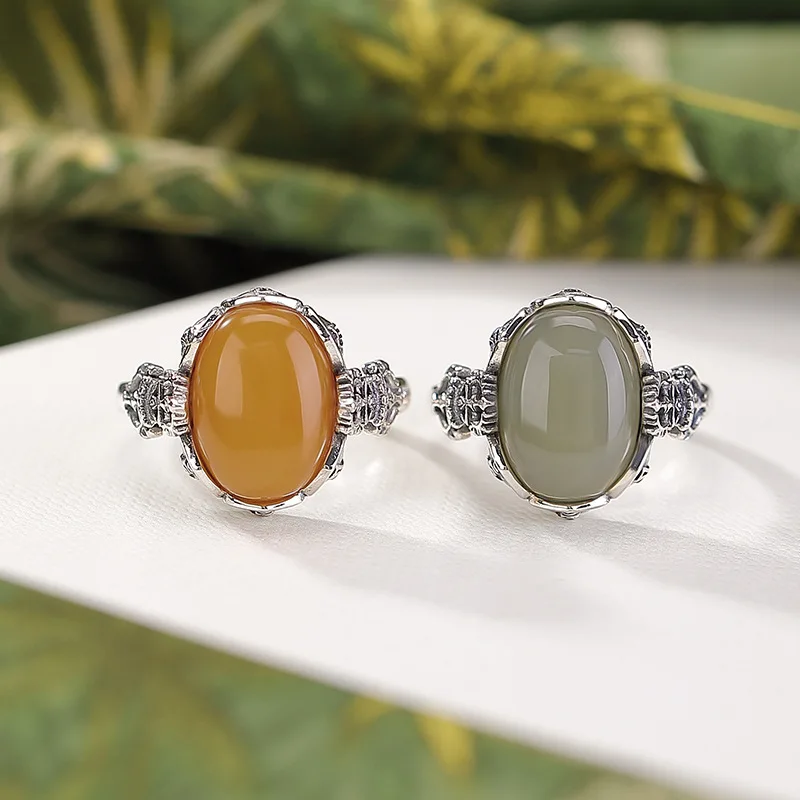 

S925 Sterling Silver Hetian Jade Amber Vajra Surface Ring