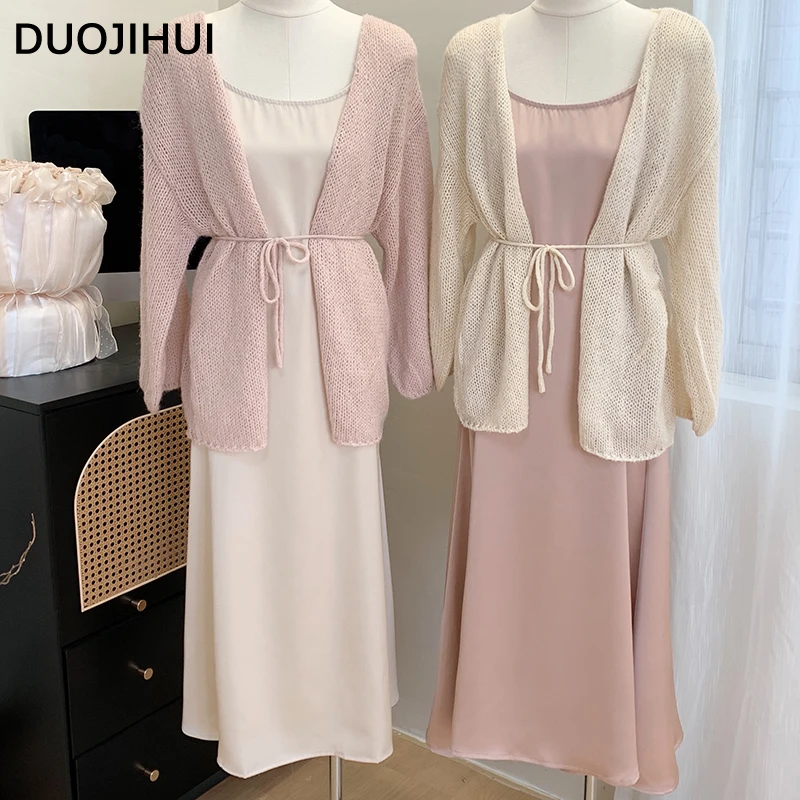 

DUOJIHUI Two Piece Sweet Korean Casual Women Dresses Autumn Basic Loose Pullover Simple Fashion Pure Color Camisole Female Dress