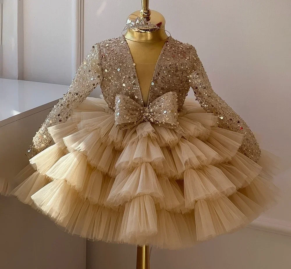 

Child Girl Wedding Dress With Bow Champagne Party Dresses Sequined Tiered Tulle Sleeves Puffy Flower Girl Dresses For Weddings