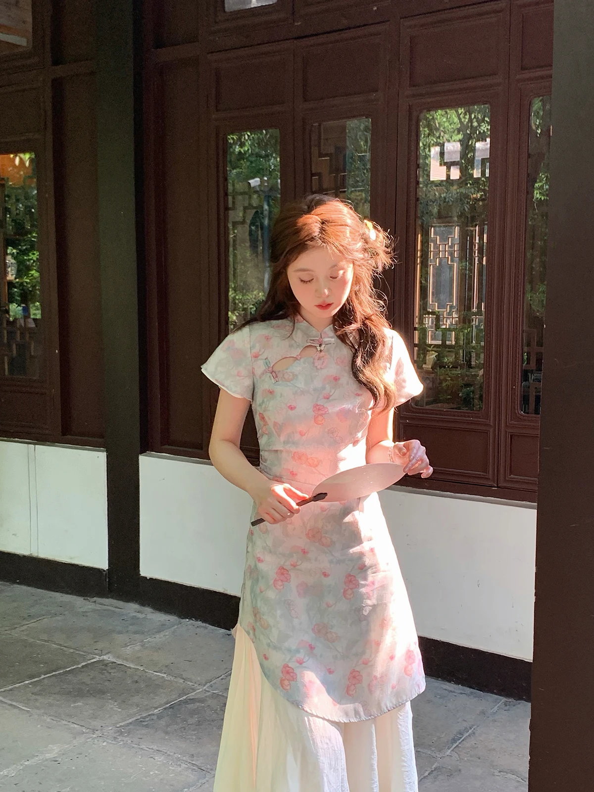 

New Chinese Sle plus Size Cheesecake Eating High Waist Stand Collar A-Line Dr Floral Print ort Sve Midi Dr for P...