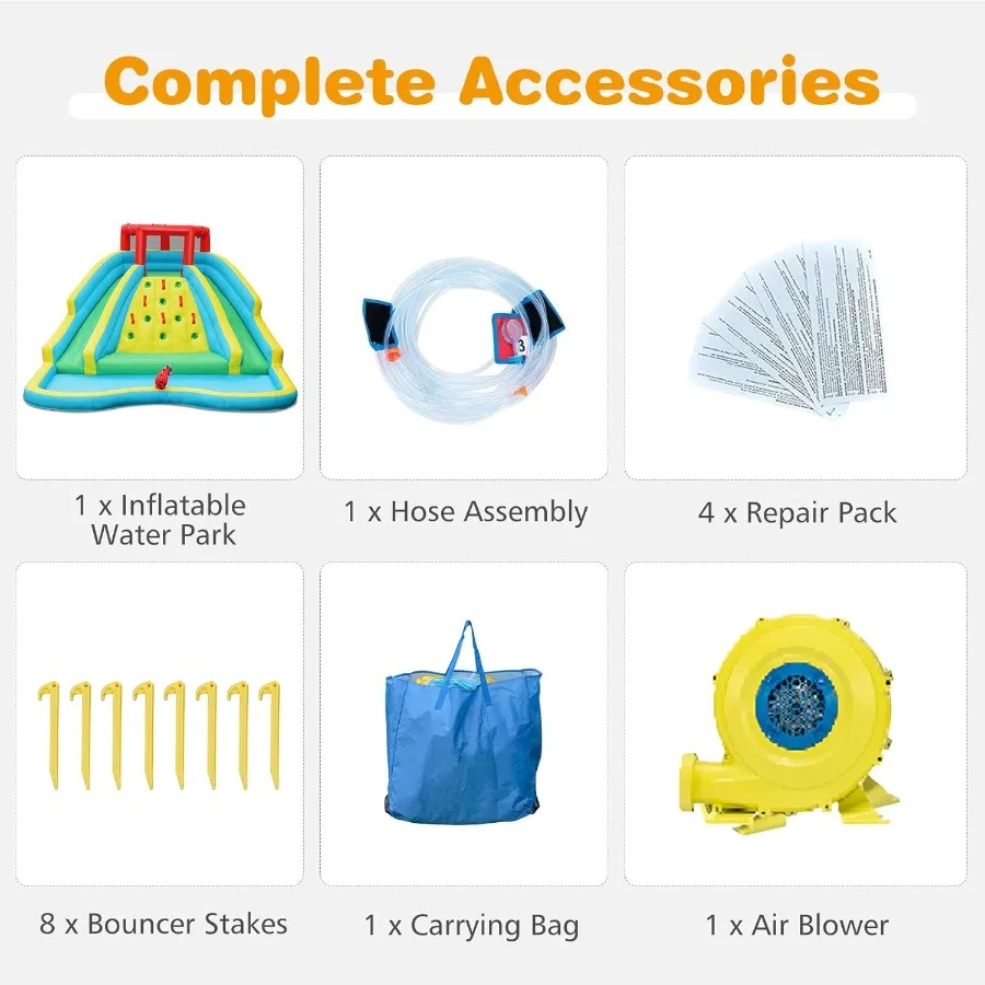 Dmuchana zjeżdżalnia wodna, park wodny 5 w 1 z 2 zjeżdżalniami, ścianą do wspinaczki, dużym basenem i pistoletami na wodę, do skakania na zewnątrz